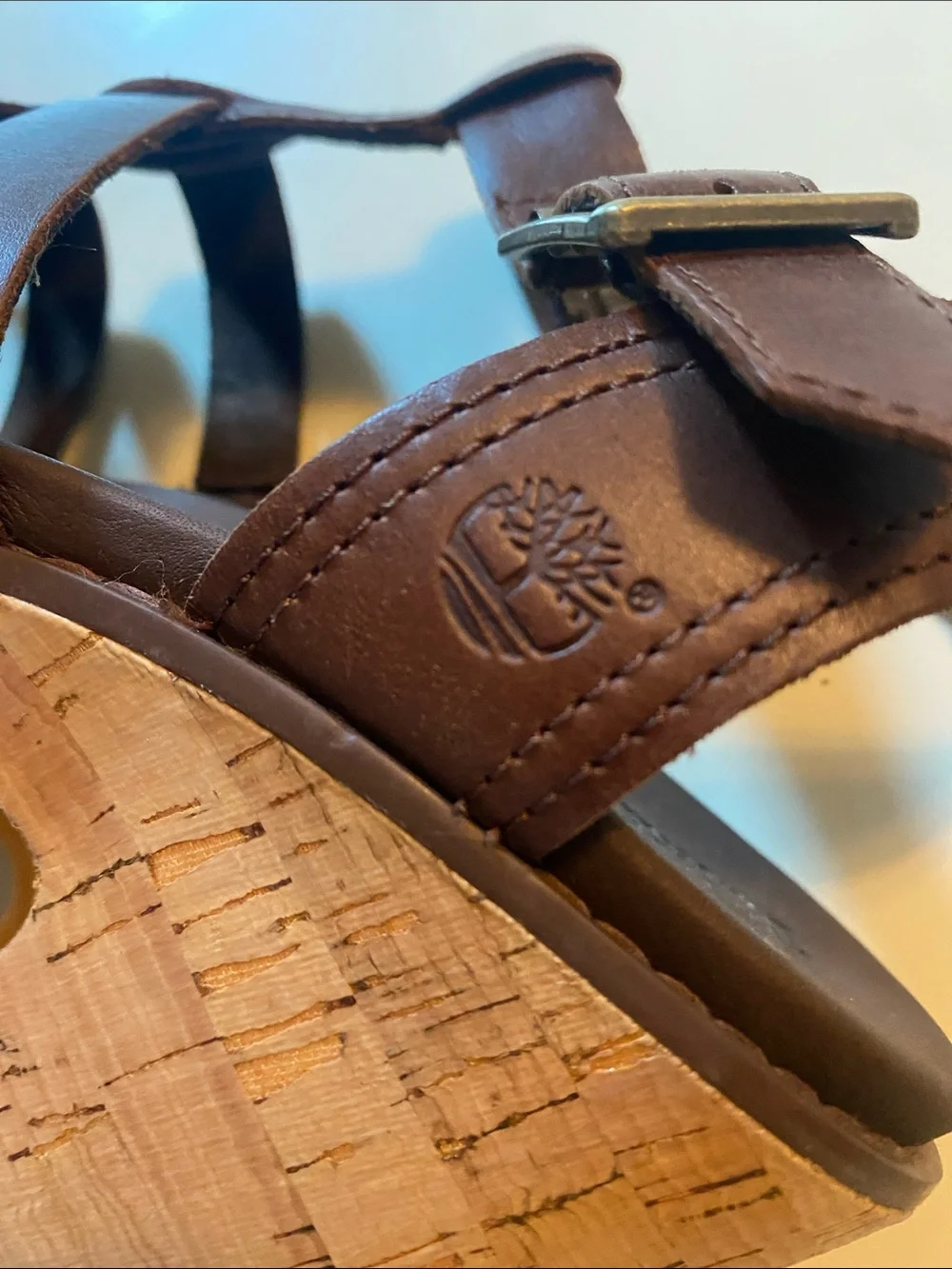 Timberland Women's Dark Brown Leather Strappy Cork Wedge Sandals 7.5 Summer